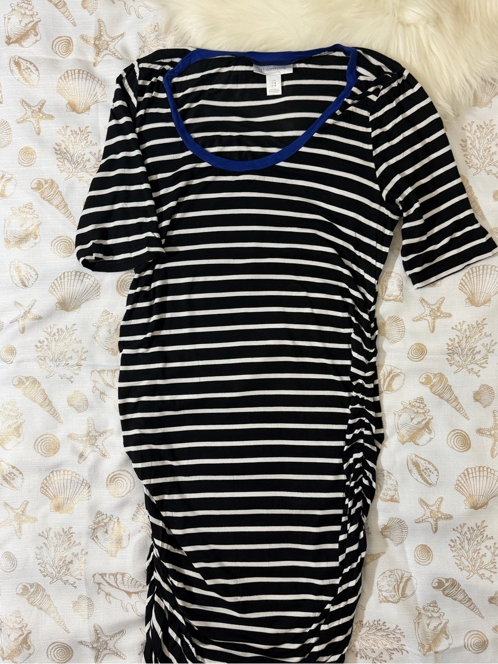 Motherhood Black & White Striped Maternity Midi Dress with Blue Trim